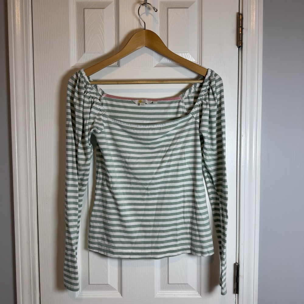 Size 4 Sm Boden‎ Sage Green & White Square Neck Cotton Mix Long Sleeved Top